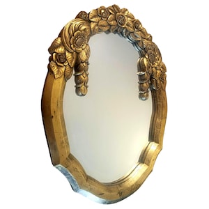 Unique Art Deco beveled mirror hand carved gilt frame geometric floral ornament, French, ca. 1930.