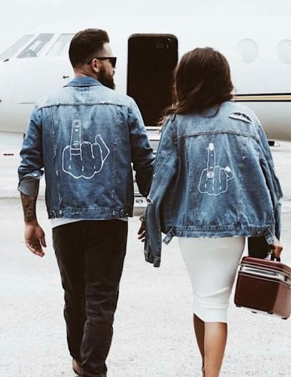 bride and groom denim jackets