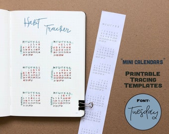 Bullet Journal Mini Calendars. Printable hand lettering tracing template for A5 dot grid notebook- Font: Tuesday