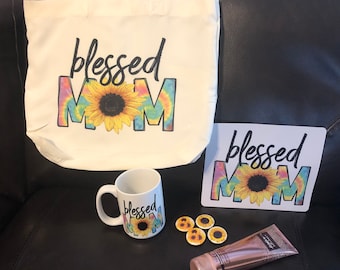 Blessed Mom Sunflower Gift Set: Sublimated Mug, Tote & Magnet Set