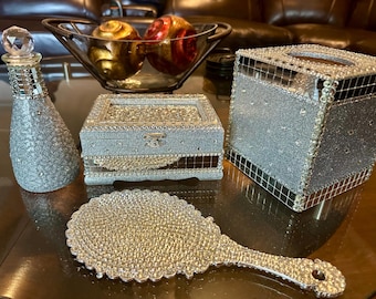 4 pc Bedazzled Diamond Glitter Mirrored Tissue Box Cover/Keepsake Box/Hand Mirror/Potion Bottle Set