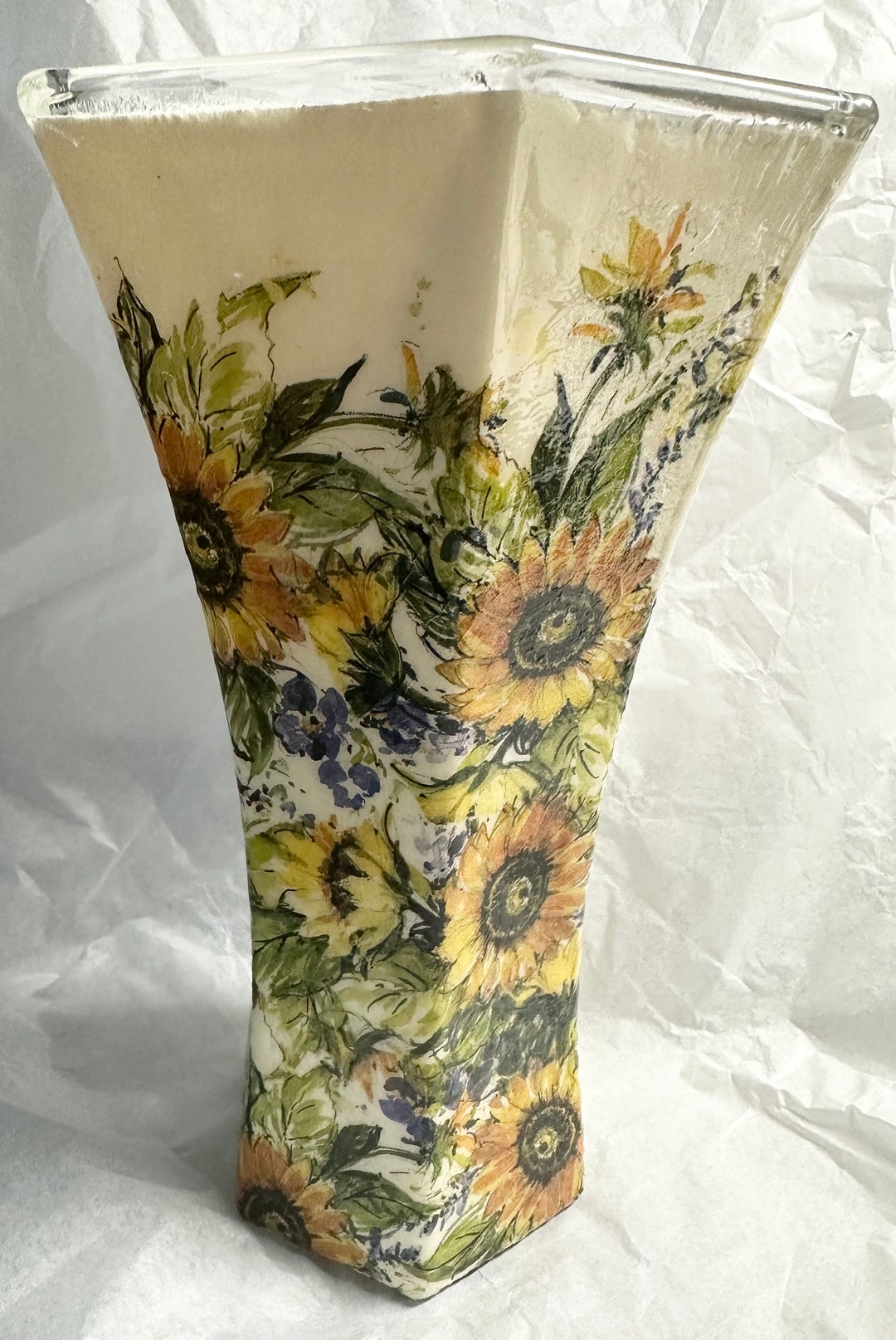 Decoupage Sunflowers and Lilacs Vase. Glass Vase. Flower Vase. Etsy