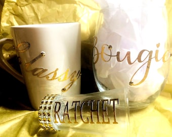 Classy Bougie Ratchet Glass Set: Vinyl Decal Mug, Wine, Shot Glass