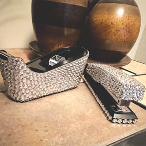 Bedazzled Rhinestone Stapler or Tape Dispenser Set: Hand-Placed Bling Office Decor