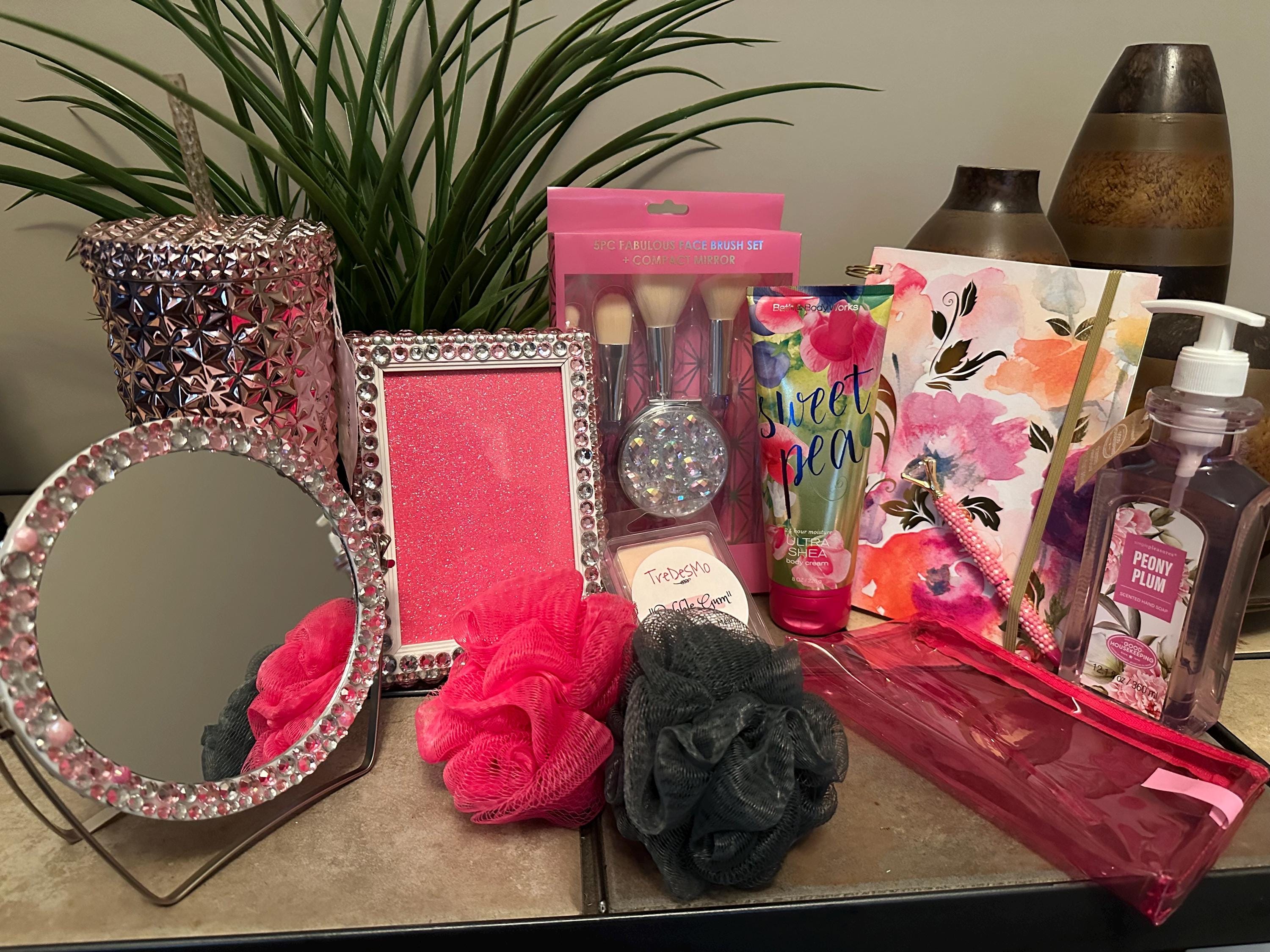 Pink Bling Gift Box Set: Photo Frame, Mirror, Makeup Brushes & More