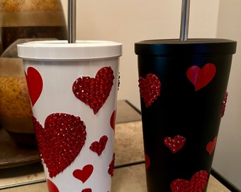20 oz Valentine Heart White Stainless Steel Double Walled Blinged Tumbler with Steel Straw. Red Rhinestones. Bling Tumbler. Bedazzled