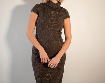 Vintage 90s Roll Neck Brown Midi Dress