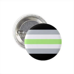 May include: A black, grey, and green button with a horizontal stripe design. The button is a representation of the asexual pride flag.
