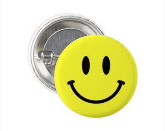 Yellow Happy Face Smiley Face Pin Badge Pinback Round Circle Button ~ 1" Pin 1.5" Pin 2.25" Pin ~ 10 25 50 100 500