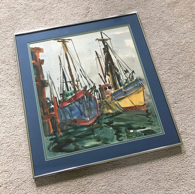 Vintage Watercolor Painting Sailboats Fishing Boats Ocean Harbor Coastal Scene Original Art 1971 Signed Framed Glass Home Styling Wall Decor