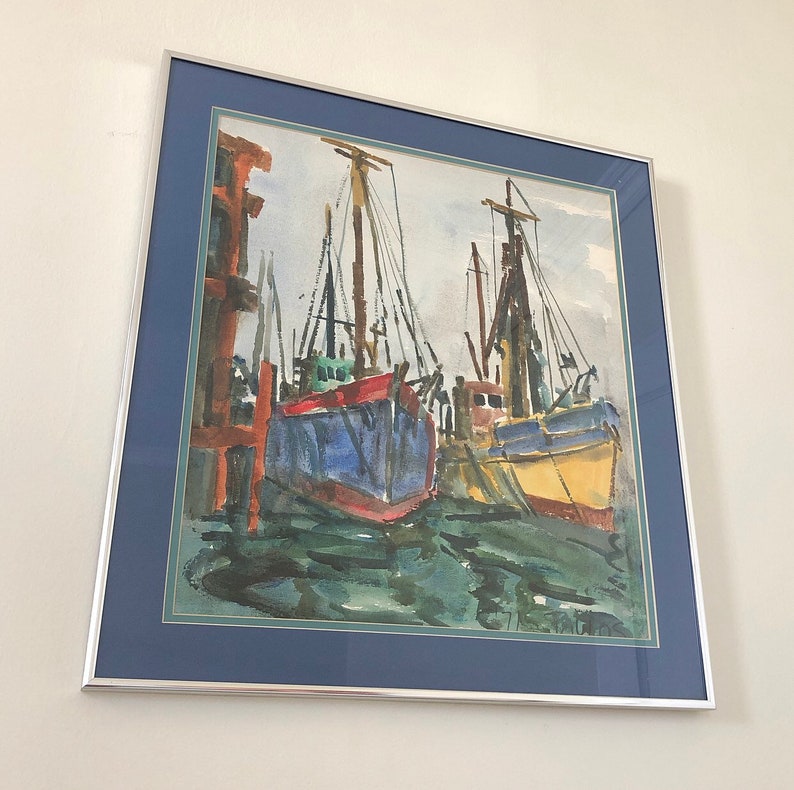 Vintage Watercolor Painting Sailboats Fishing Boats Ocean Harbor Coastal Scene Original Art 1971 Signed Framed Glass Home Styling Wall Decor