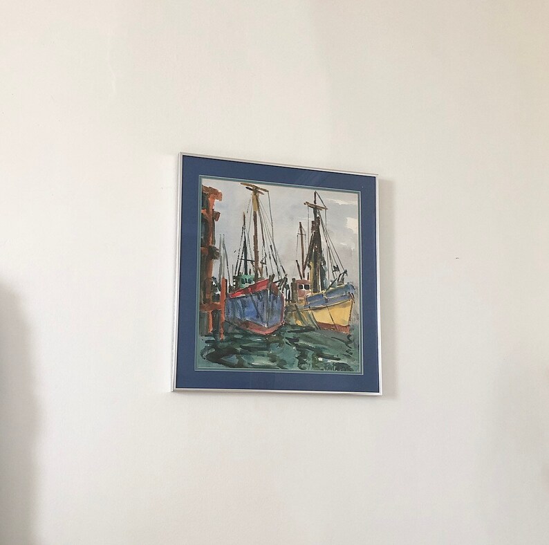 Vintage Watercolor Painting Sailboats Fishing Boats Ocean Harbor Coastal Scene Original Art 1971 Signed Framed Glass Home Styling Wall Decor