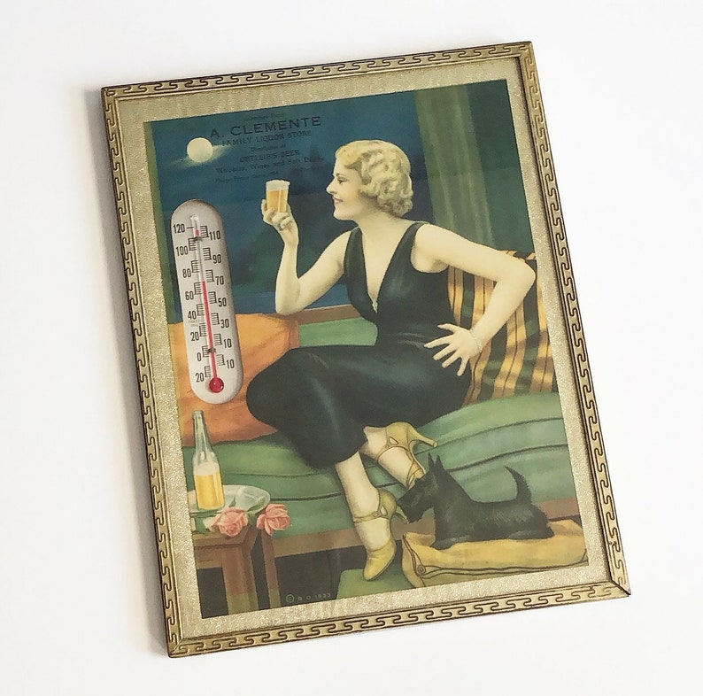 Vintage Beer Advertisement 1930/'s Ortleib/'s Beer Lithograph Print Ad with Thermometer Art Deco Home Bar Wall Decor Glass Front Metal Frame