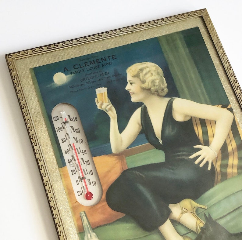 Vintage Beer Advertisement 1930/'s Ortleib/'s Beer Lithograph Print Ad with Thermometer Art Deco Home Bar Wall Decor Glass Front Metal Frame