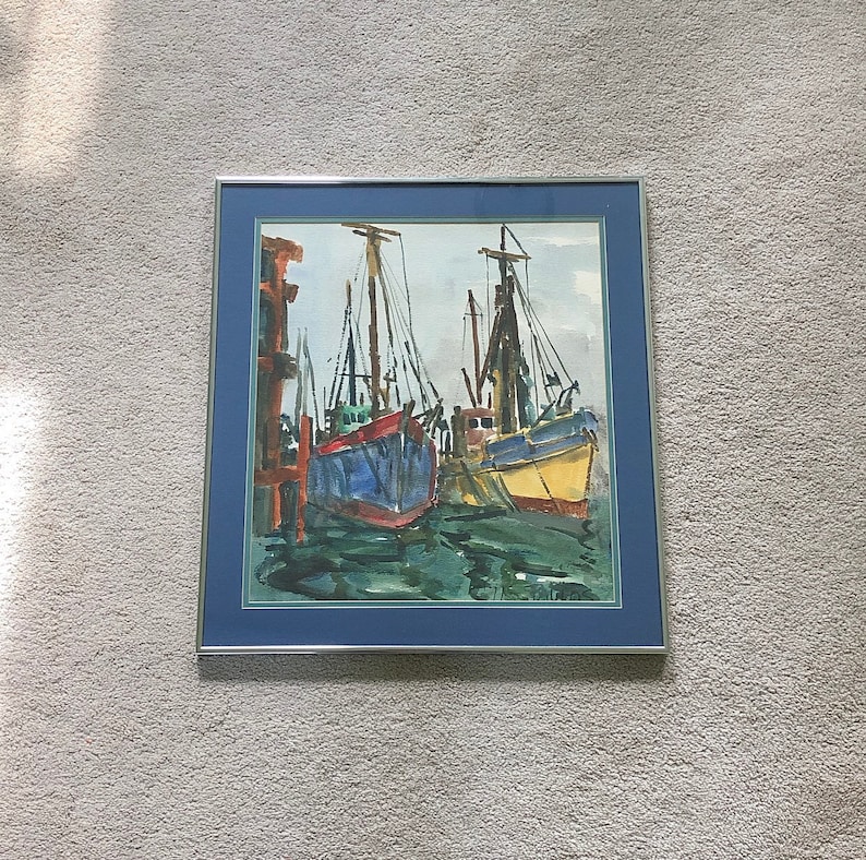 Vintage Watercolor Painting Sailboats Fishing Boats Ocean Harbor Coastal Scene Original Art 1971 Signed Framed Glass Home Styling Wall Decor