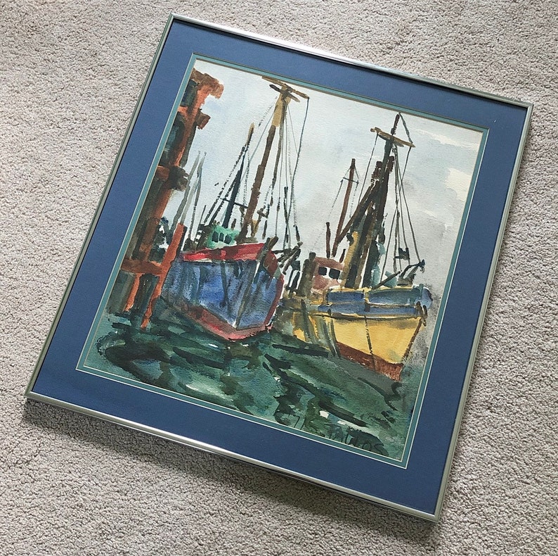 Vintage Watercolor Painting Sailboats Fishing Boats Ocean Harbor Coastal Scene Original Art 1971 Signed Framed Glass Home Styling Wall Decor