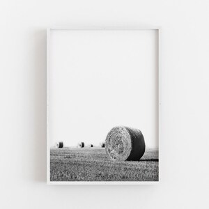 May include: Black and white photograph of a field with several hay bales. The foreground features a large, cylindrical hay bale, with others receding into the distance. The sky is bright and the field is filled with cut grass.