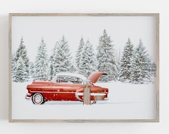 Christmas Wall Art, Holiday Wall Decor, Retro Red Car, Christmas Tree Farm, DIGITAL DOWNLOAD, PRINTABLE Art, Large Wall Art