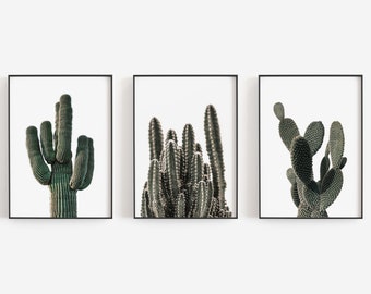 Cactus Wall Art, Set of 3 Prints, Cactus Prints, Boho Wall Decor, Desert Wall Art, Dark Green DIGITAL DOWNLOAD, PRINTABLE Art Large Wall Art