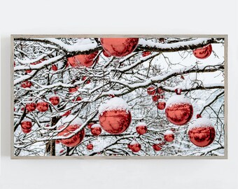 Christmas Frame TV Art, Christmas Wall Decor, Frame TV Art, Red Ornaments in the Snow, Samsung Frame Tv Digital DOWNLOAD, Digital Art for Tv