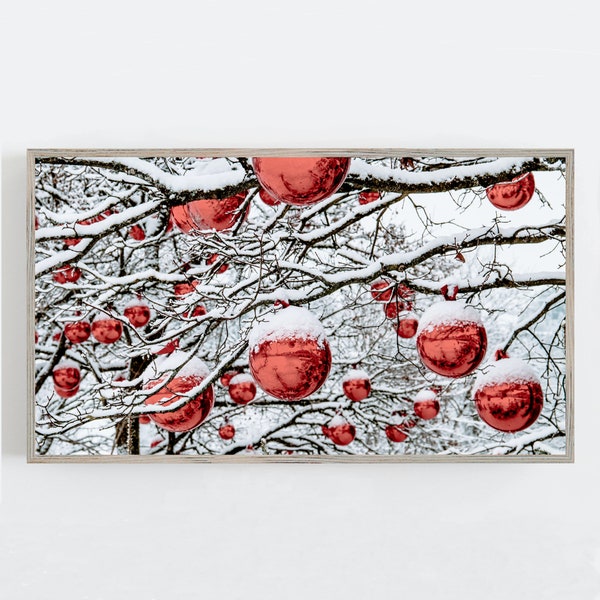Christmas Frame TV Art, Christmas Wall Decor, Frame TV Art, Red Ornaments in the Snow, Samsung Frame Tv Digital DOWNLOAD, Digital Art for Tv