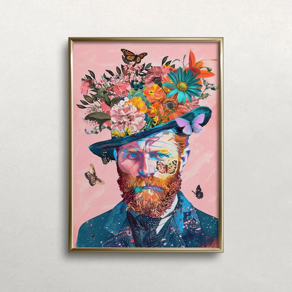 Vincent Van Gogh, Man Portrait, Altered Art, Van Gogh Portrait, Flowers, Butterflies, Trendy Wall Art Whimsical,DOWNLOAD, PRINTABLE Wall Art