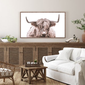 May include: A framed print of a Highland cow with long, shaggy brown fur and large horns. The cow is looking directly at the camera with a serious expression. The background is white.