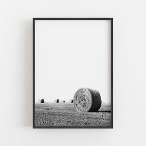 May include: Black and white framed print featuring a field with several hay bales. The foreground shows a large, round hay bale, with others receding into the distance. The print is in a black frame, set against a white background.