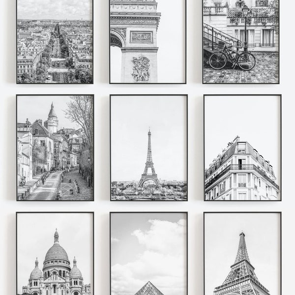 Estampes de Paris, ensemble de 9 estampes, Paris France Wall Art, Art noir et blanc, Paris Wall Art, TÉLÉCHARGEMENT NUMÉRIQUE, PRINTABLE Art, Art mural grand