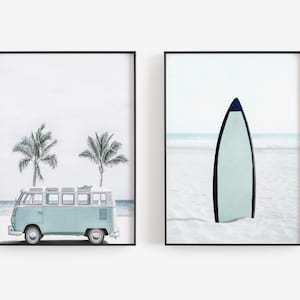 Surfboard Wall Art, Surfer Van Print, Beach Wall Art, Preppy Aesthetic, Coastal Wall Decor, Soft Pastel Colors, DOWNLOAD, PRINTABLE Wall Art