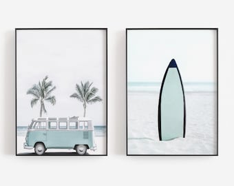 Surfboard Wall Art, Surfer Van Print, Beach Wall Art, Preppy Aesthetic, Coastal Wall Decor, Soft Pastel Colors, DOWNLOAD, PRINTABLE Wall Art