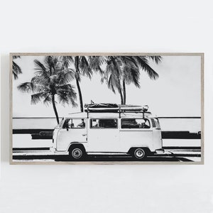 Samsung Frame TV Art, Surfer Van at Beach, Frame TV Art, Black and White Art, Retro Van, Beach Wall Art, Digital DOWNLOAD Digital Art for Tv