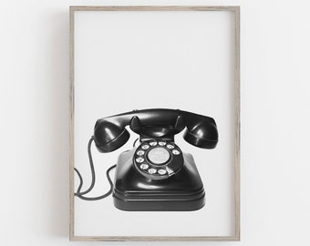 Rotary Phone Art, Retro Telephone Art, Black and White, Office Wall Decor, Black Desk Phone, DIGITAL DOWNLOAD, PRINTABLE Wall Art, Large Art
