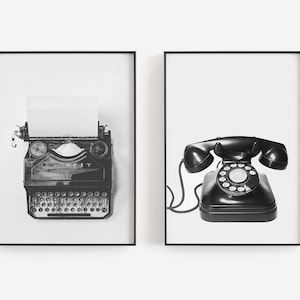 Black and White Typewriter & Telephone Art Prints: Office Decor (Digital Download)