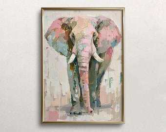 May include: A painting of an elephant with pink and gray tones. The elephant is standing in a field with a light background.