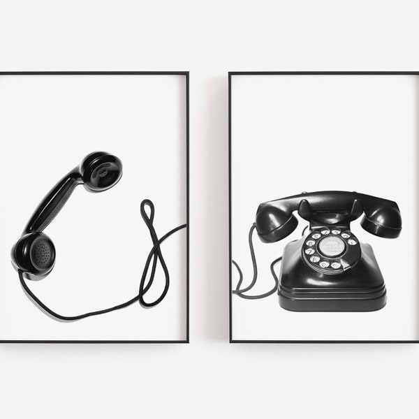 Rotary Phone Print, Black and White Art, Retro Telephone Prints, Set of 2 Prints, Desk Phone, DIGITAL DOWNLOAD, PRINTABLE Art Large Wall Art