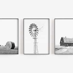 Alte Scheune Wandkunst, Schwarz-Weiß-Kunst, Bauernhaus-Wanddekoration, Windmühle, Heuballen, DIGITALER DOWNLOAD, DRUCKBARE Wandkunst, große Wandkunst