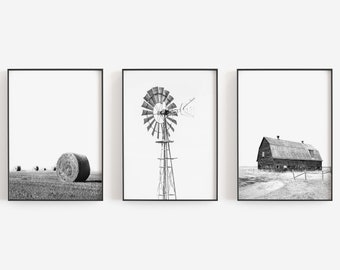 Farmhouse Black and White Photography Prints: Barn, Windmill, Hay Bales (Digital Download)