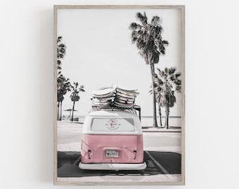 Pink Van Print, Beach Wall Art, Retro Surfer Van Print, Boho Wall Decor, Pink Pastel Colors, DIGITAL DOWNLOAD, PRINTABLE Art, Large Wall Art