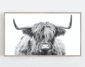 Samsung Frame TV Art, Highland Cow Art, Frame TV Art, Frame Art Tv, Black and White Art, Farmhouse Art, Digital DOWNLOAD, Digital Art for Tv