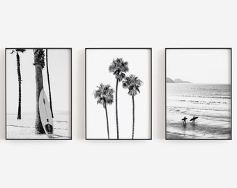 Surfer Prints, Set of 3 Prints, Black and White, Beach Wall Art, Surfboard Print, Palm Trees, DIGITAL DOWNLOAD, PRINTABLE Art Large Wall Art