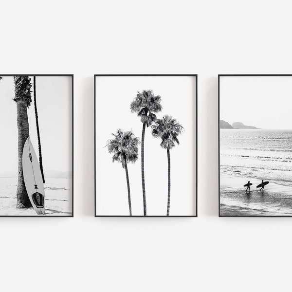 Surfer Prints, Set of 3 Prints, Black and White, Beach Wall Art, Surfboard Print, Palm Trees, DIGITAL DOWNLOAD, PRINTABLE Art Large Wall Art