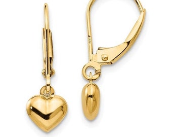 Classic 14K Yellow Gold Puffed Heart Earrings - 21mm Long, 6mm Wide, Secure Hingeback, Ideal Gift