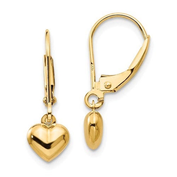 Classic 14K Yellow Gold Puffed Heart Earrings - 21mm Long, 6mm Wide, Secure Hingeback, Ideal Gift