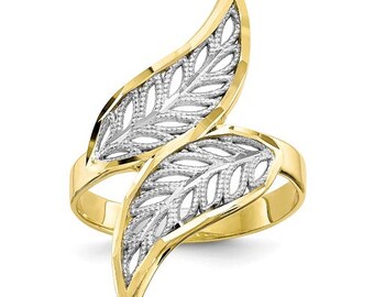 10k Two Tone Gold Diamond Cut Beaded Filigree Leaf Ring