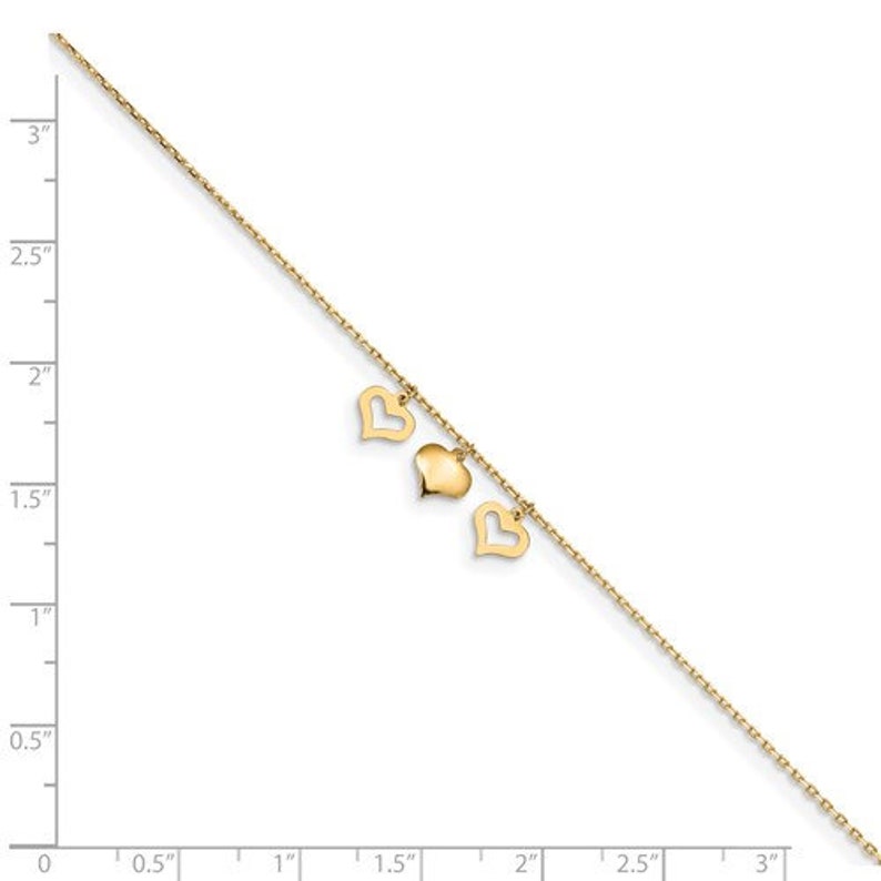 14k 3 Hearts 9in Plus 1in Extension Anklet