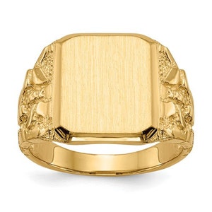 14K Yellow Gold Nugget Style Signet Ring - Rectangular Face 14x13mm, Tapers to 3mm, Engraving Available, Perfect Gift, Comes in Gift Box