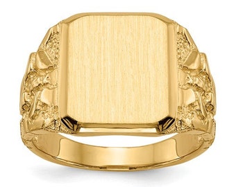 14k Yellow Gold Nugget Style 14.0x13.0mm Rectangular Face Open Back Men's Signet Ring