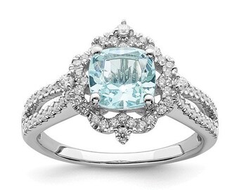 14K White Gold Genuine Cushion Cut and Diamond Halo Engagement Ring