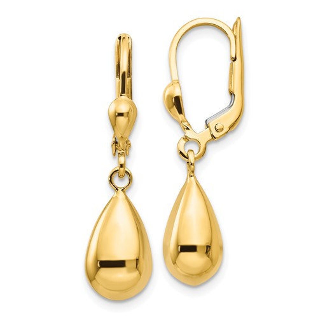 14K Yellow Gold Dangly Teardrop Earrings With Hingeback Shepard Hooks